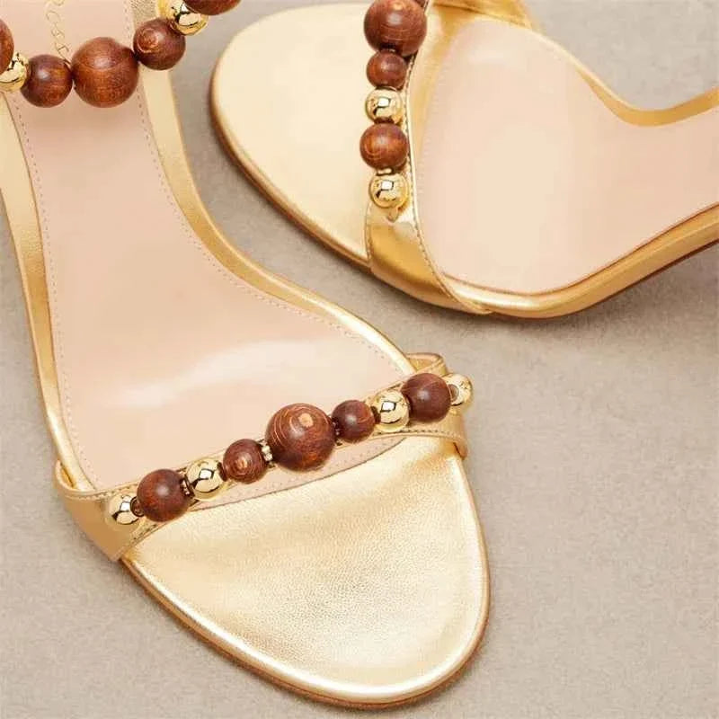 Bohemian Beaded Ankle Wrap Stiletto Sandals Leather Open-Toe Lace-Up High Heels