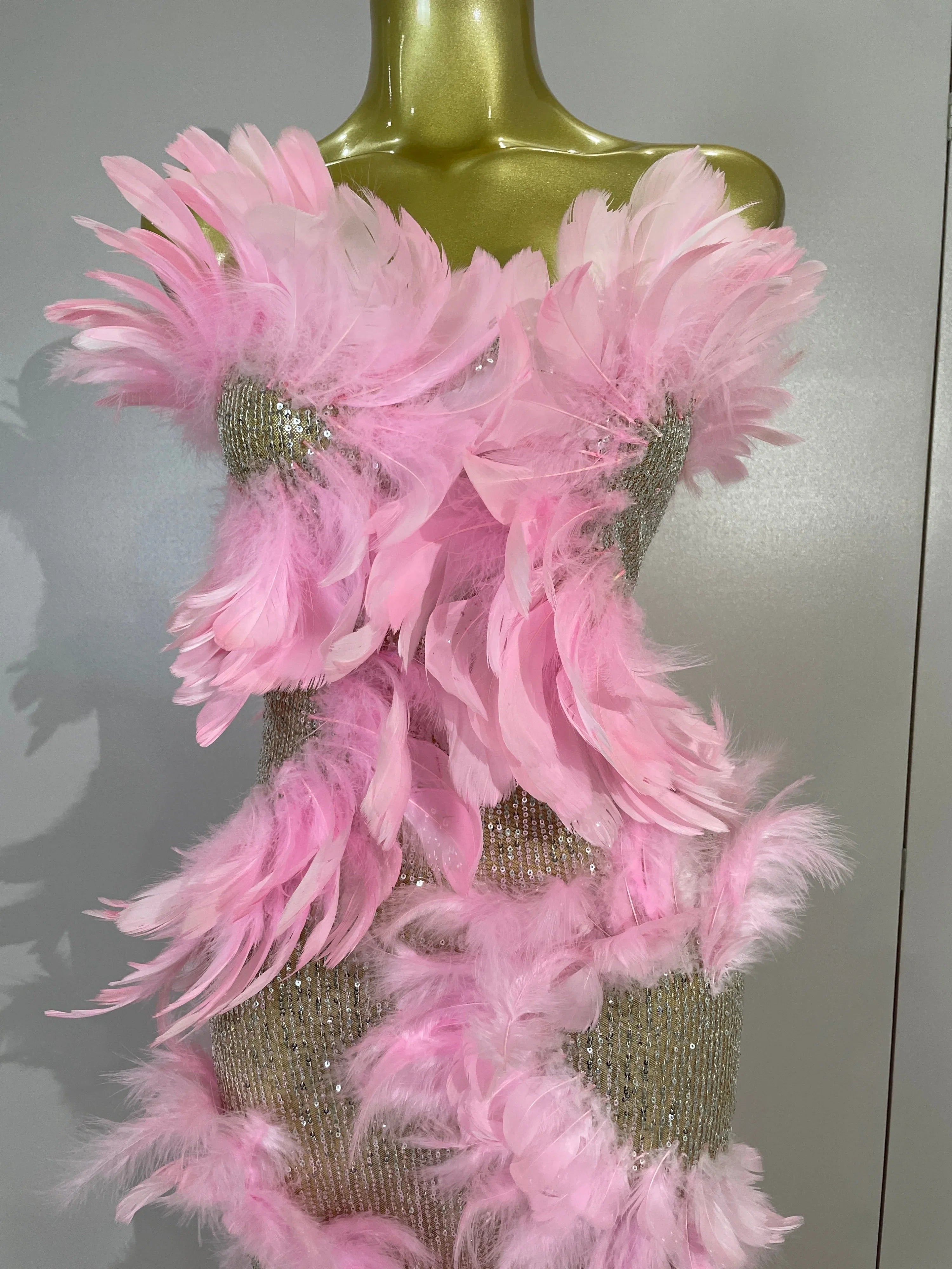 Faye Pink Sequin Feather Mesh Mermaid Maxi Gown