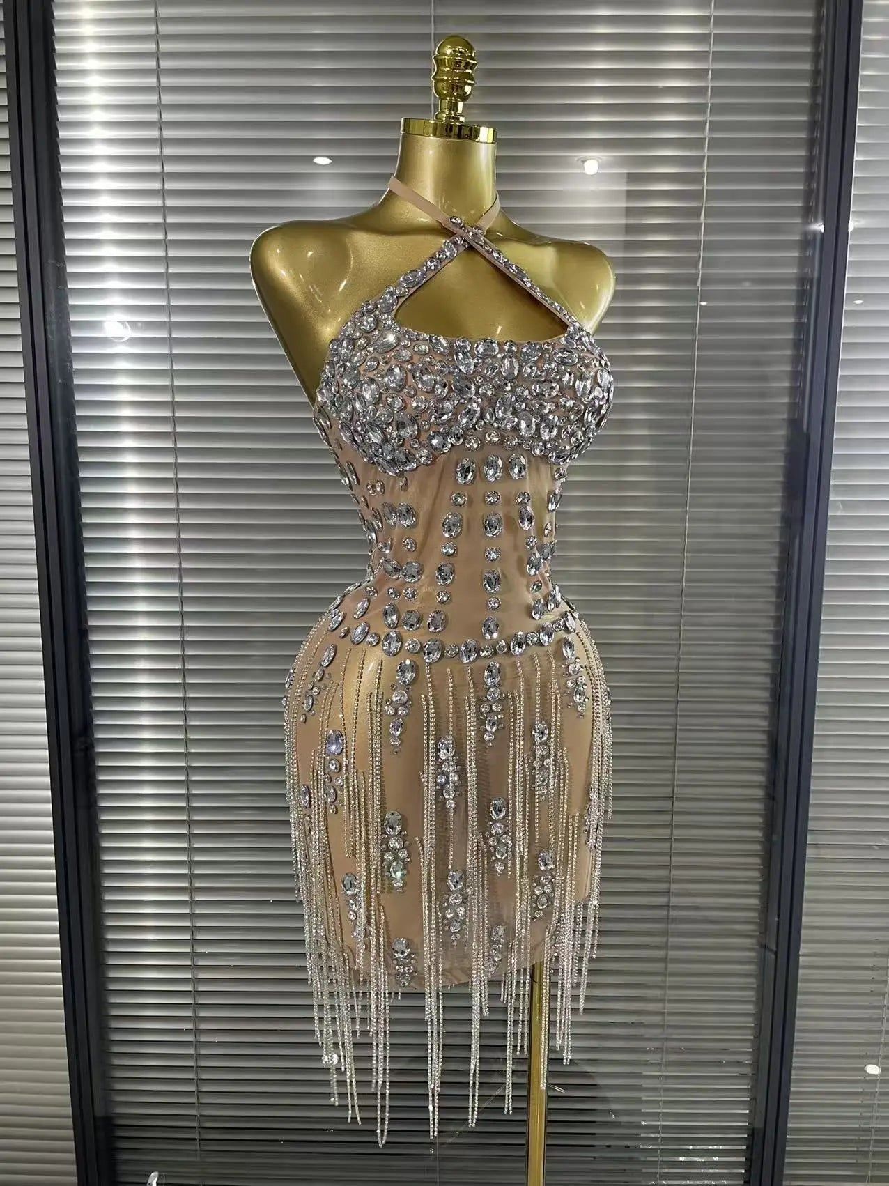 Carmen Crystal Diamond Halter Mesh Evening Gown