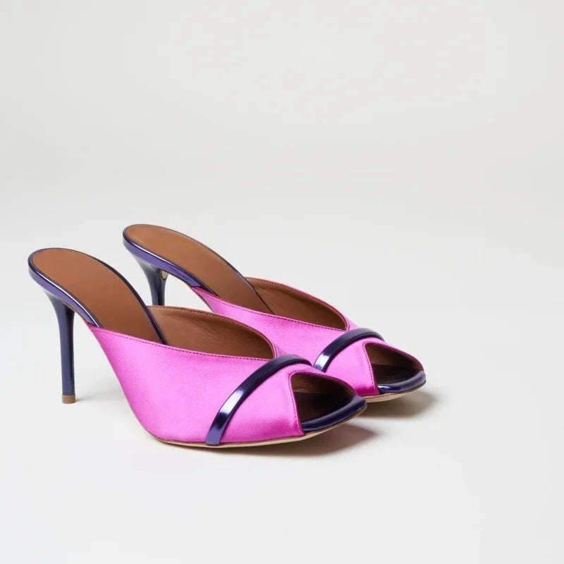 Elegant Two-Tone Satin Stiletto Mules Open Peep Toe Contrast Metallic Trim Slip-On Slide High Heels
