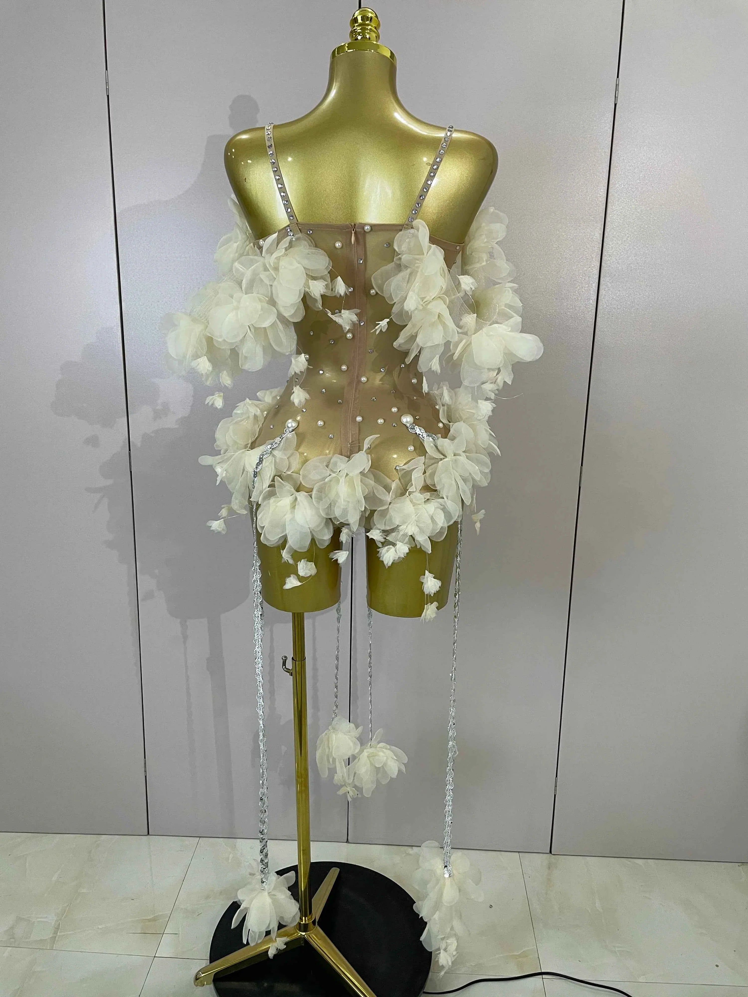 Ebony Sparkly Rhinestones Flower Tassel Mesh Stretch Bodysuit
