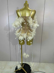 Ebony Sparkly Rhinestones Flower Tassel Mesh Stretch Bodysuit