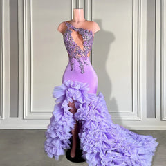 Elegant Purple Applique Beaded Long Prom Dress Sexy Slit