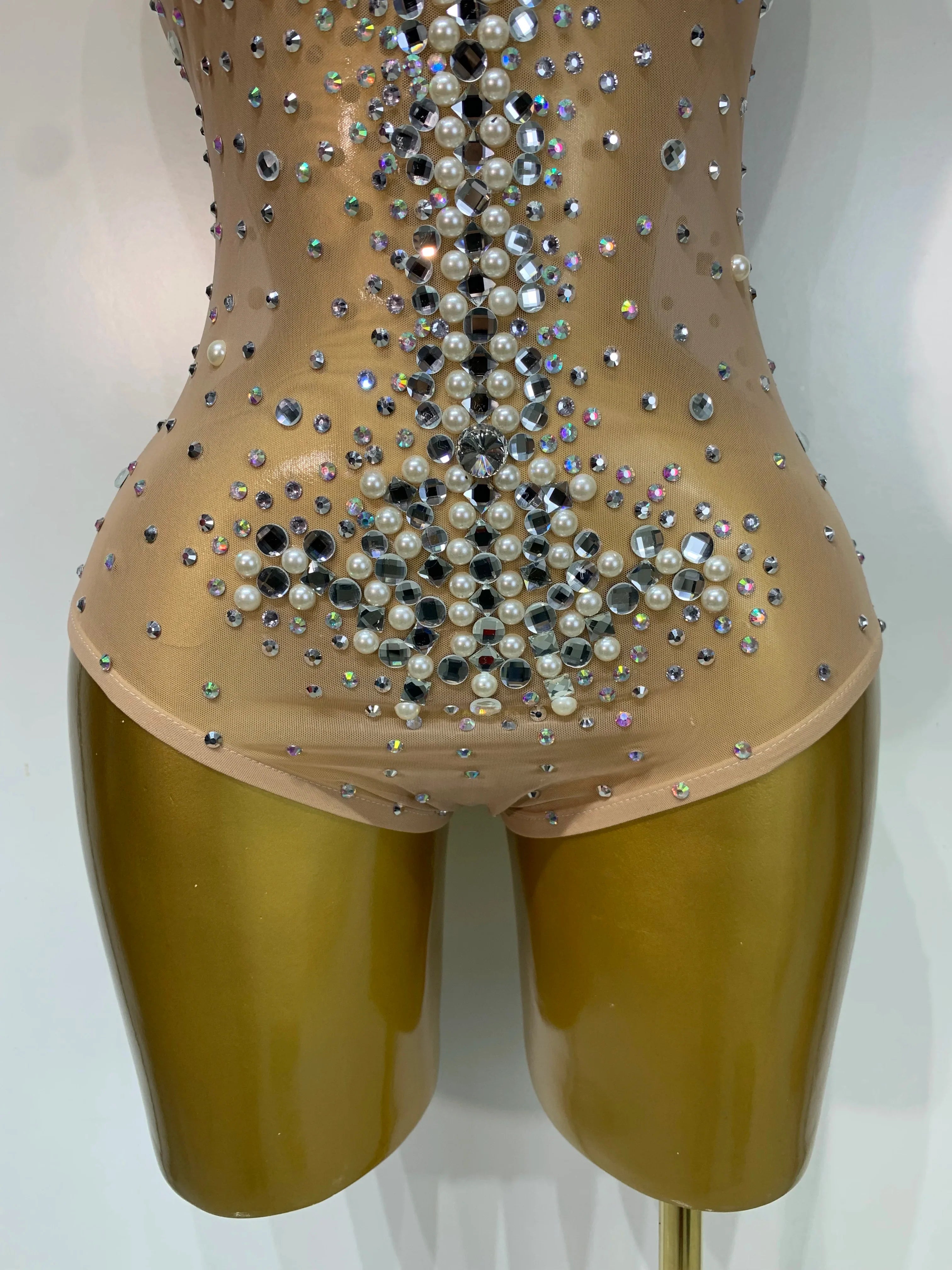 Candice Rhinestone Pearl Mesh Bodycon Bodysuit