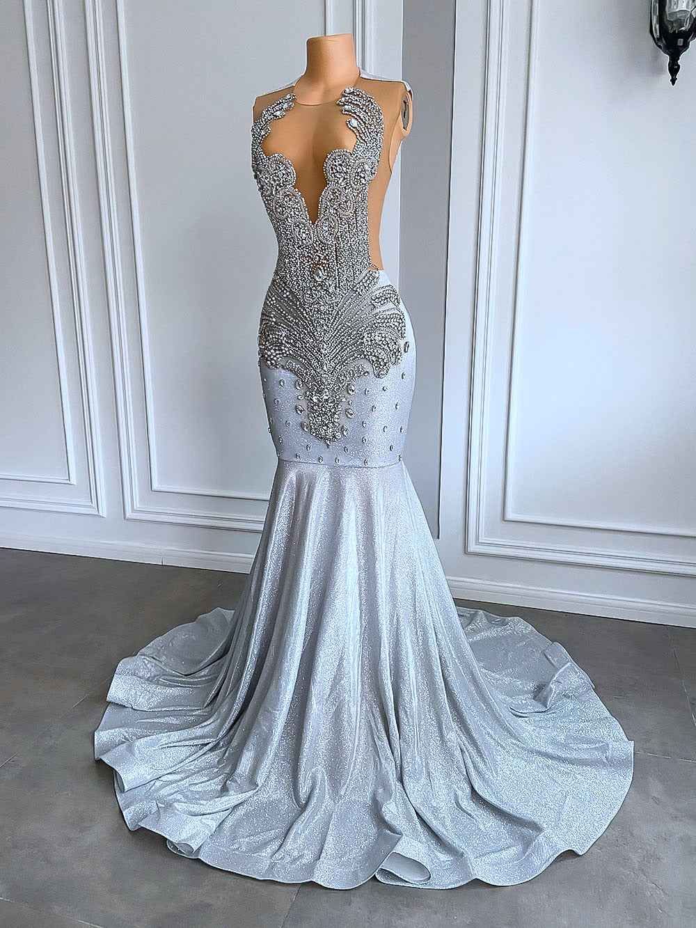 Exquisite Silver Luxury Mermaid Prom Dress with Diamond Accents