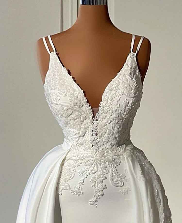 A Line White Wedding Dresses with Skirt