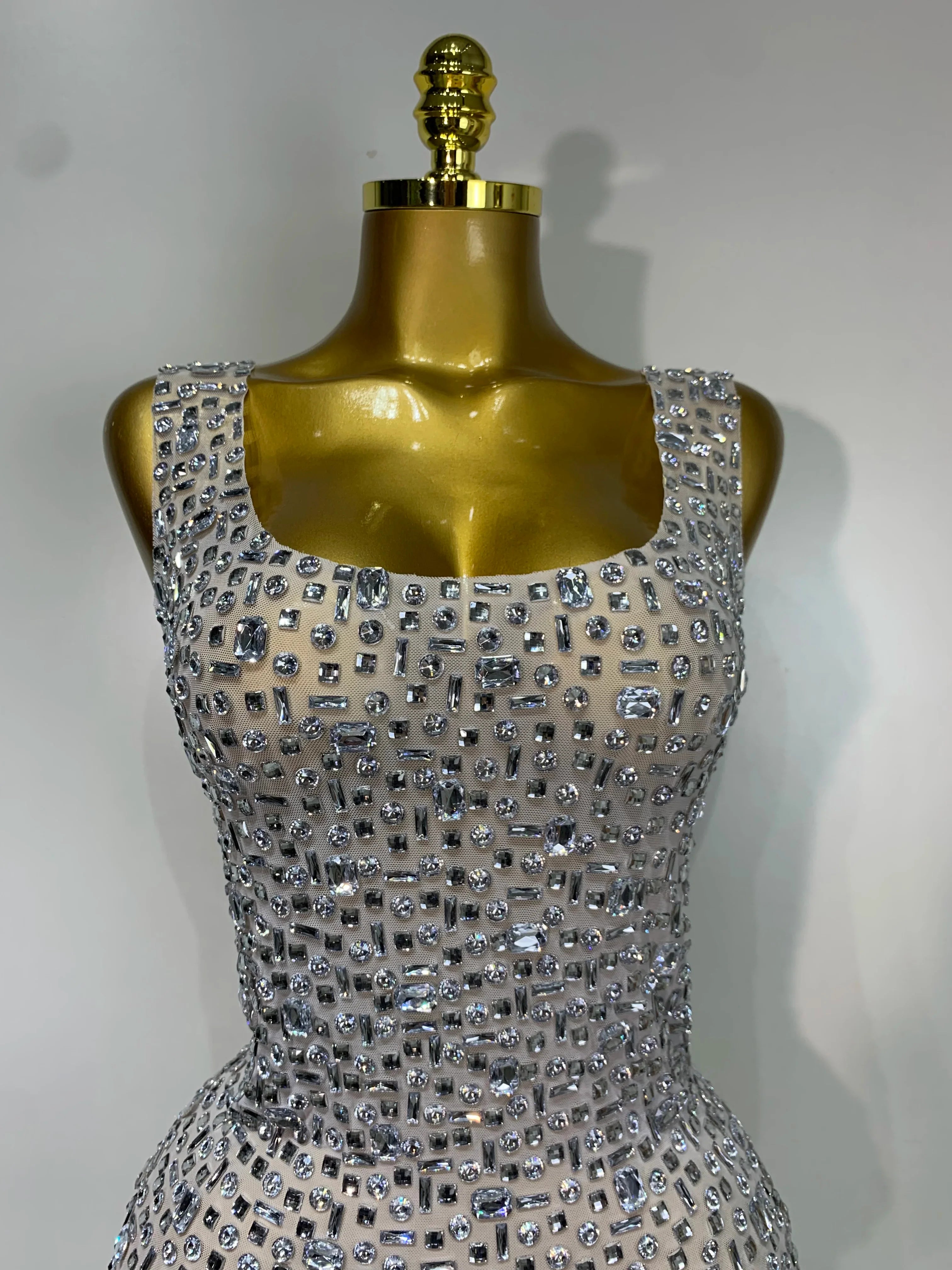 Carole Luxury Sparkly Rhinestone Sexy Mesh See-Through Short Dress