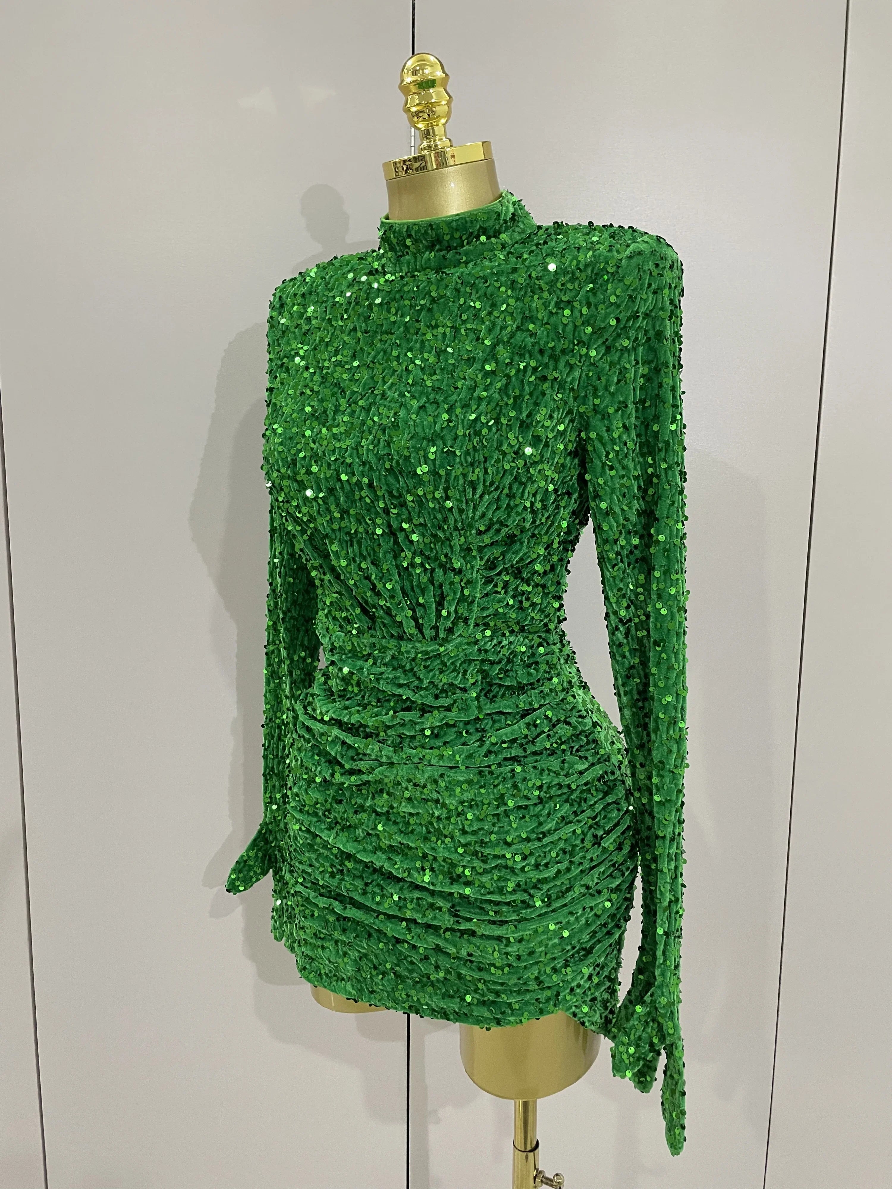 Ghee Sexy Shiny Green Sequin Long Sleeve Birthday Dress with Gloves