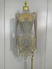 Brenda Short Mesh Dress With Pearls and Sparkling Diamonds - Ready to Ship