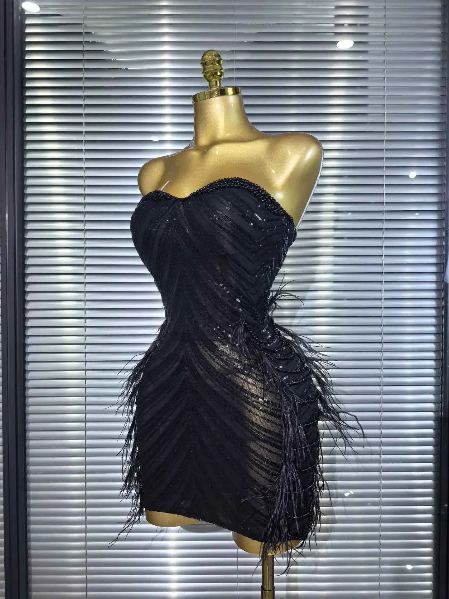 Amara Sequin Feather Strapless Bodycon Mini Dress