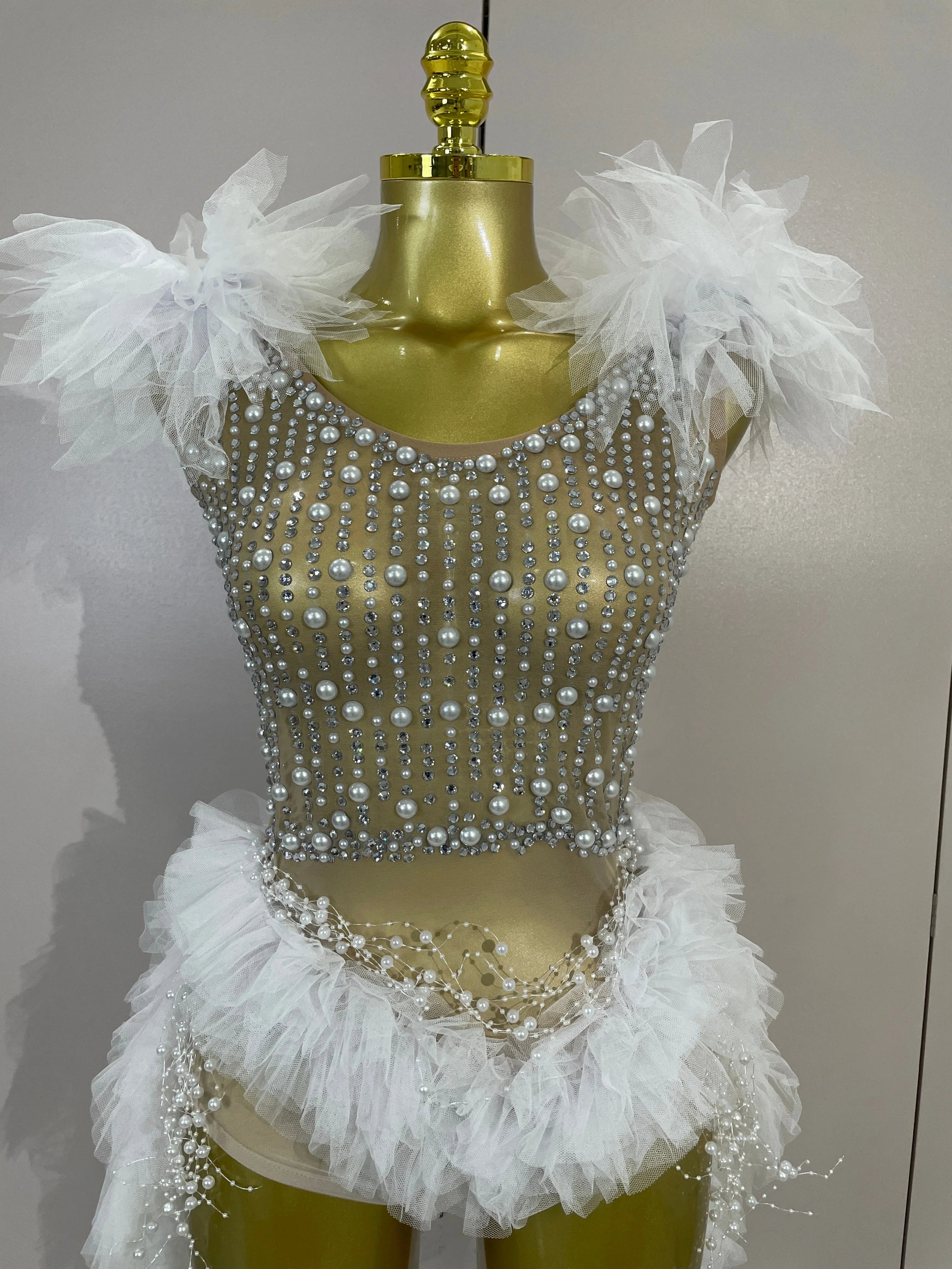 Chelle Sparkly Rhinestone Pearl Fringe Tassel Bodycon Bodysuit