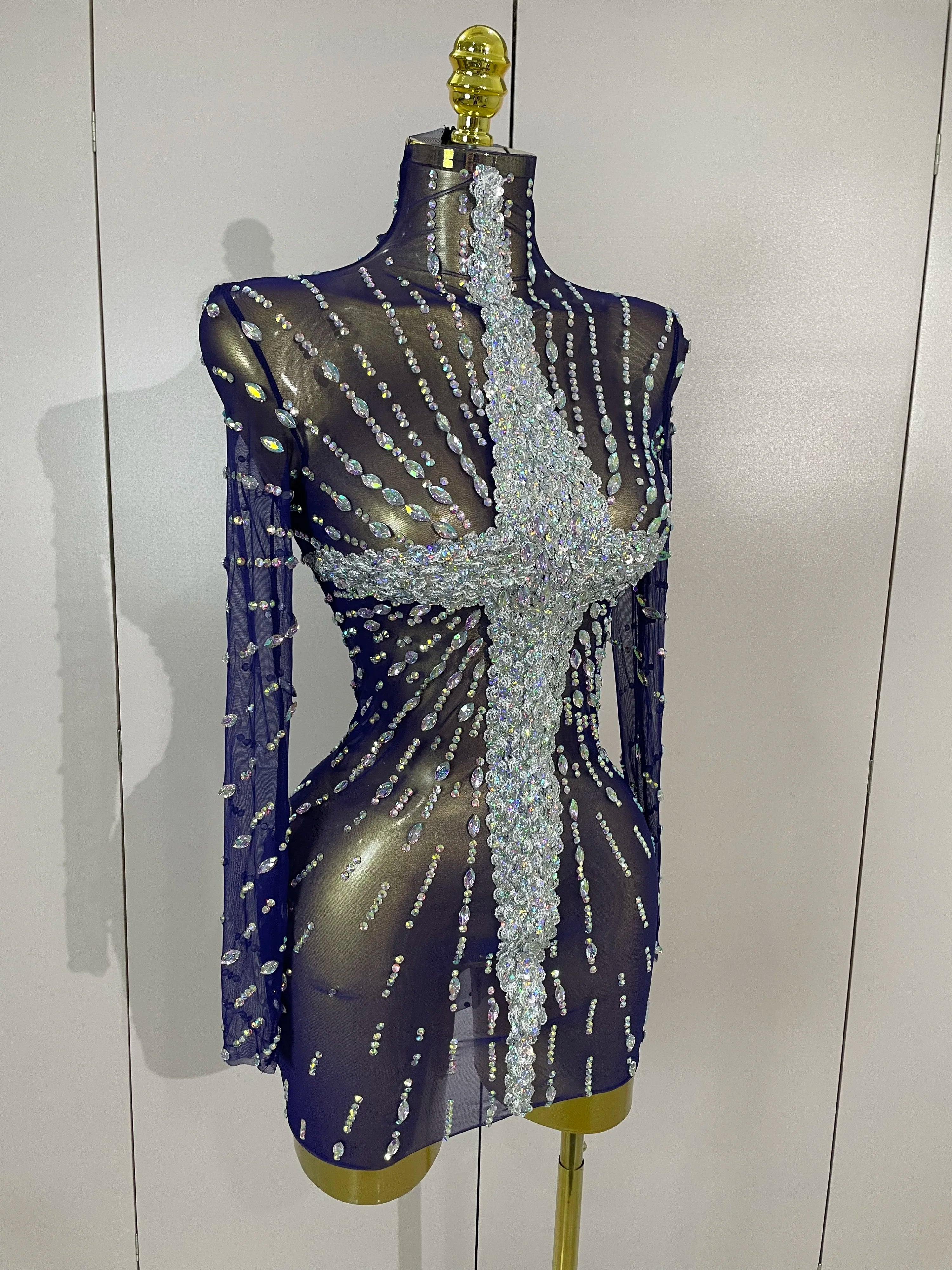Ajay Sheer Mesh See-Through Sparkling Diamond Sequin Long Sleeve Mini Dress