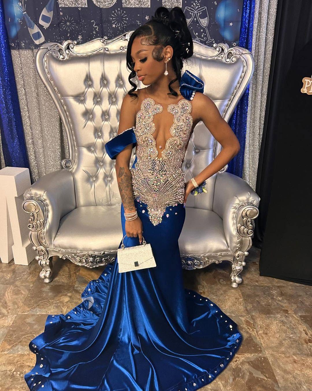 Elegant Beaded Crystal Royal Blue Mermaid Prom Dress