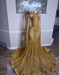 Glamorous Gold Mermaid Prom Dress with Crystal Beading and Cape