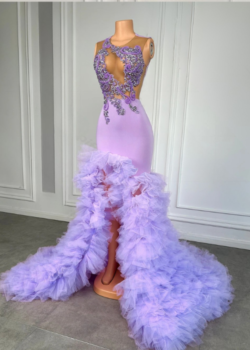 Elegant Purple Applique Beaded Long Prom Dress Sexy Slit