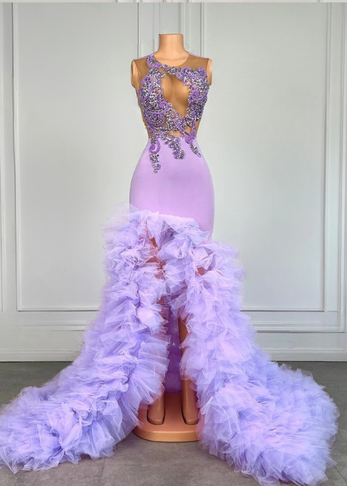 Elegant Purple Applique Beaded Long Prom Dress Sexy Slit