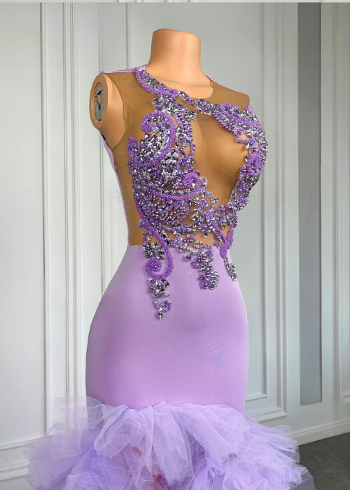 Elegant Purple Applique Beaded Long Prom Dress Sexy Slit