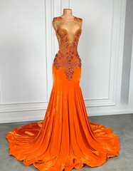Elegant Orange Velvet Rhinestone Prom Dress