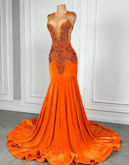 Elegant Orange Velvet Rhinestone Prom Dress