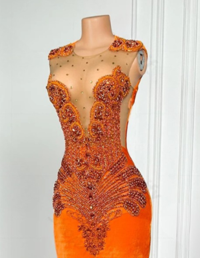 Elegant Orange Velvet Rhinestone Prom Dress