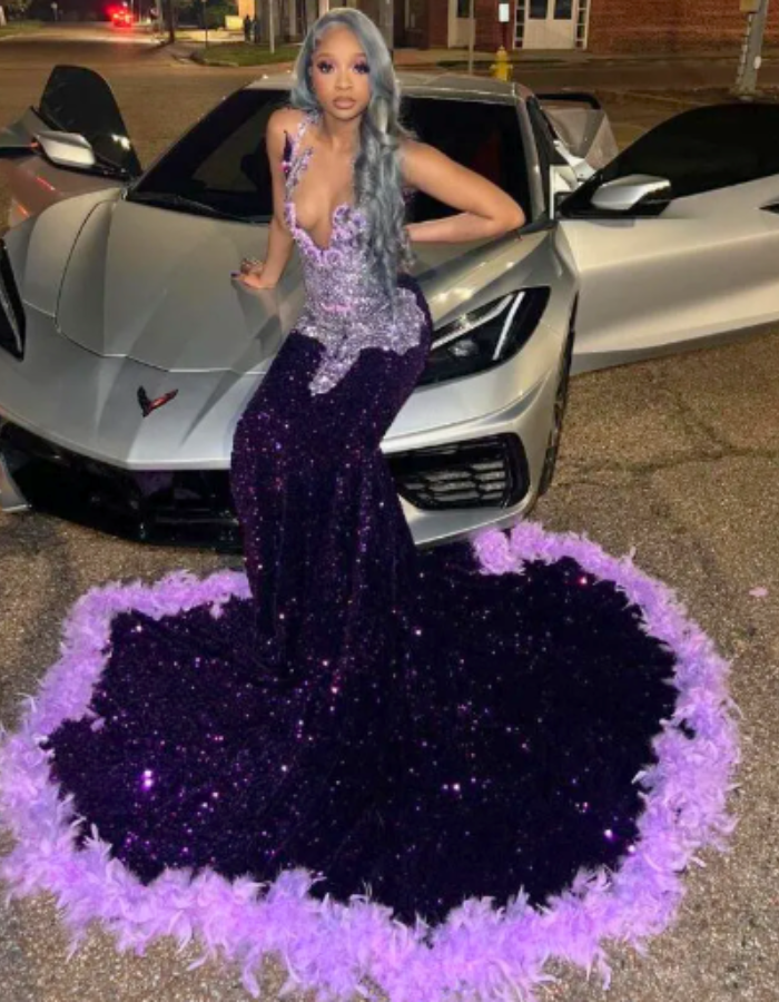 Glitter Purple Rhinestones Prom Dress