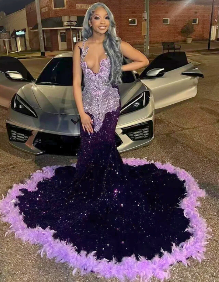 Glitter Purple Rhinestones Prom Dress