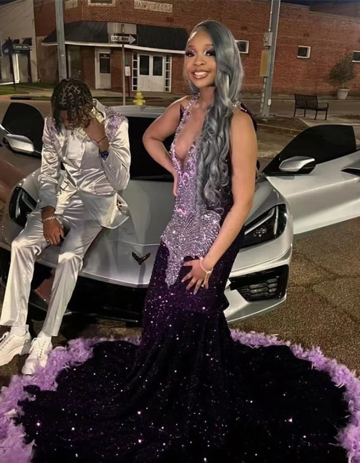 Glitter Purple Rhinestones Prom Dress