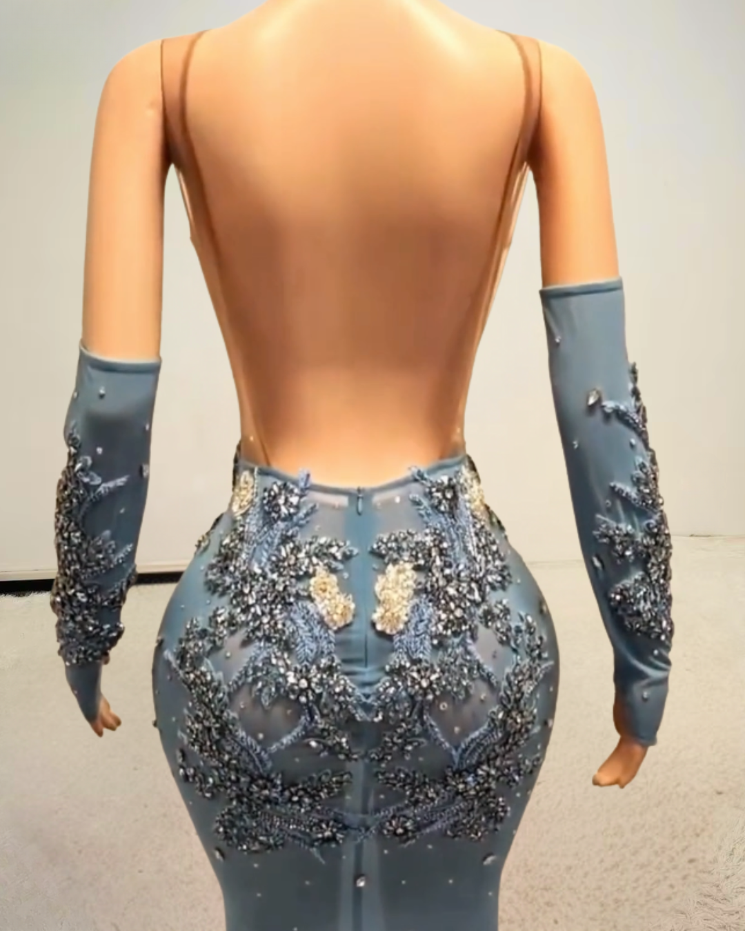 Glitter Light Blue Rhinestone Mesh Prom Dress