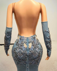 Glitter Light Blue Rhinestone Mesh Prom Dress