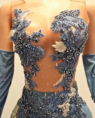 Glitter Light Blue Rhinestone Mesh Prom Dress