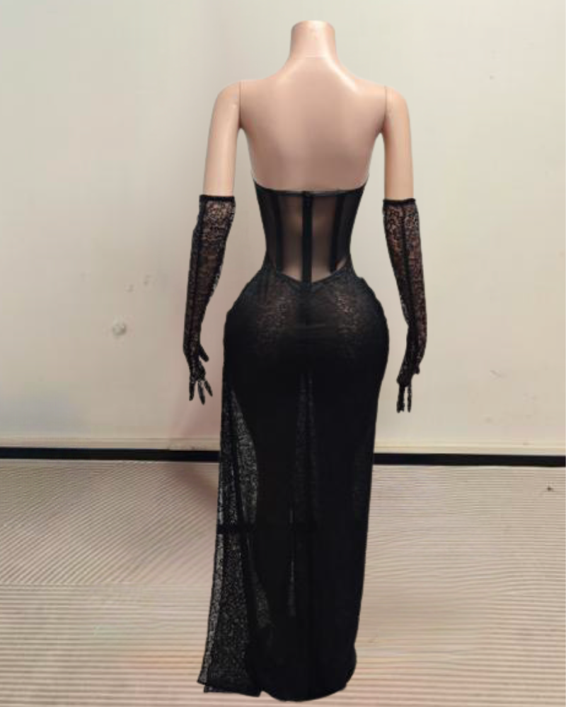 Ashanti Beaded Mermaid Prom Dress with Side Slit and Gloves