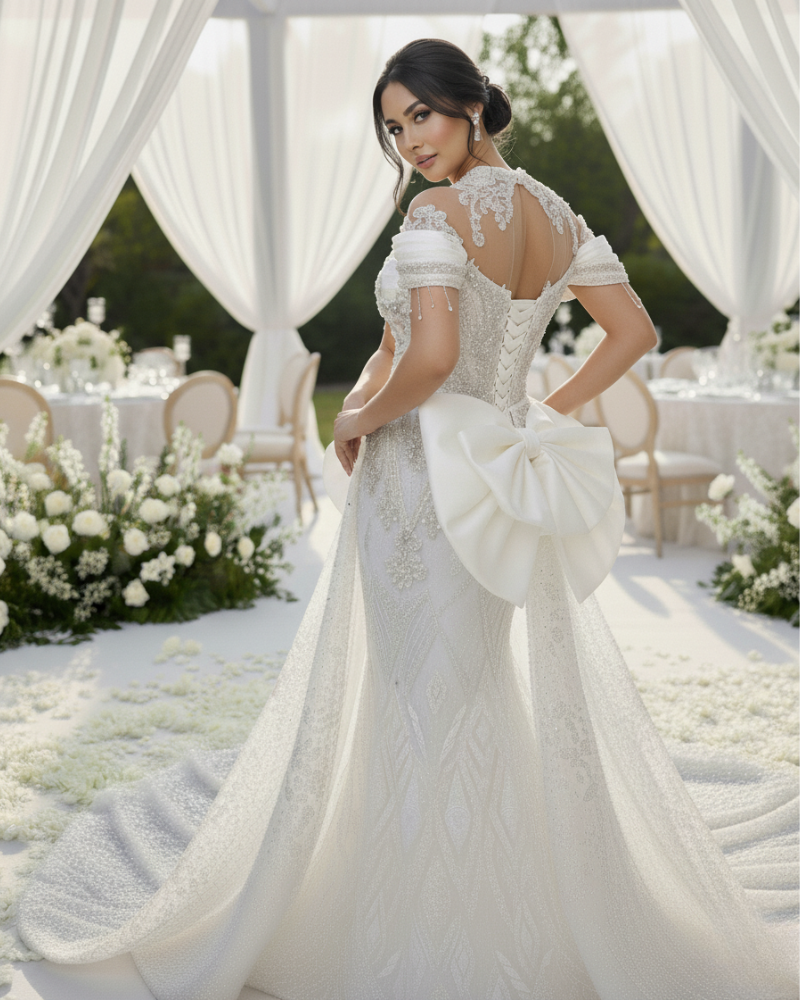 Classic Short Sleeve Wedding Dress with Sweep Train
