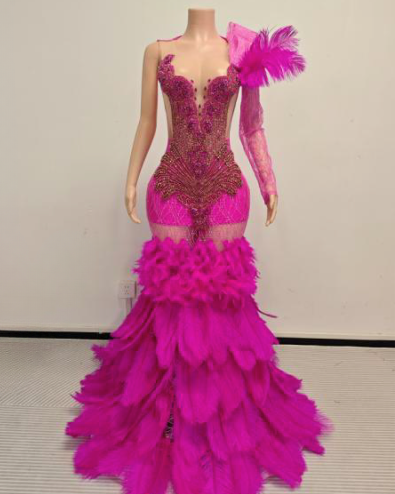 Brenda Sparkly Long Rhinestone with Feather Prom Dress-Ready to Ship
