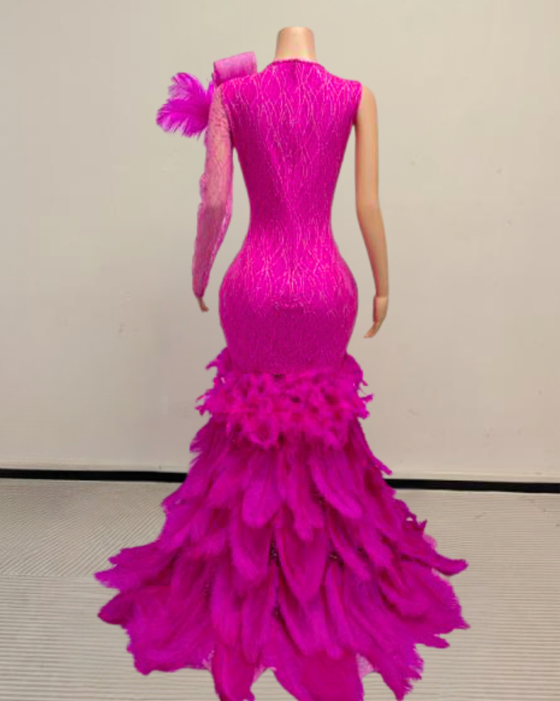 Brenda Sparkly Long Rhinestone with Feather Prom Dress-Ready to Ship