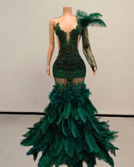 Brenda Sparkly Long Rhinestone with Feather Train Prom Dress