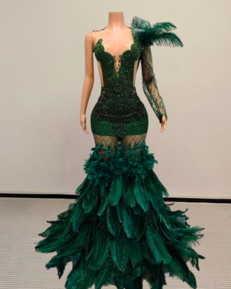 Brenda Sparkly Long Rhinestone with Feather Prom Dress-Ready to Ship