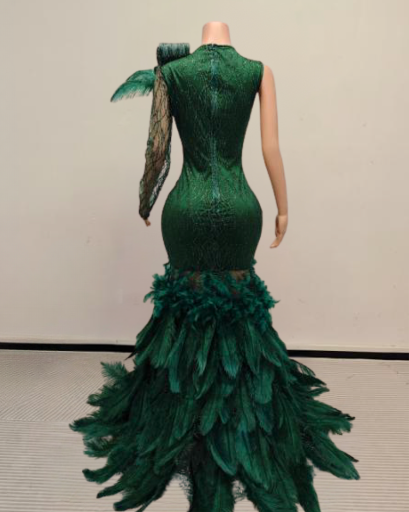 Brenda Sparkly Long Rhinestone with Feather Train Prom Dress