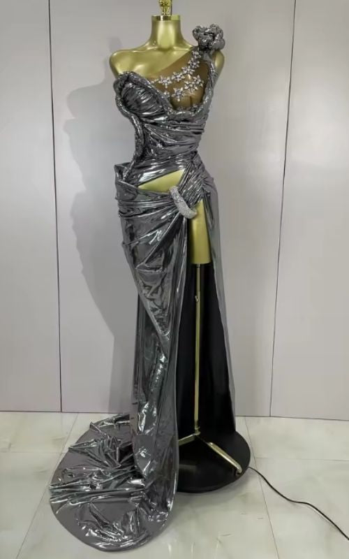 Georgia Sparkly Rhinestone One Shoulder High Split Maxi Dress