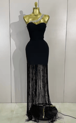 Bianca Black One Shoulder Rhinestone Tassel Bandage Dress
