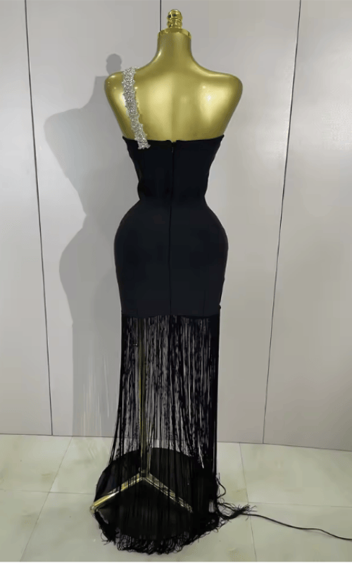 Bianca Black One Shoulder Rhinestone Tassel Bandage Dress