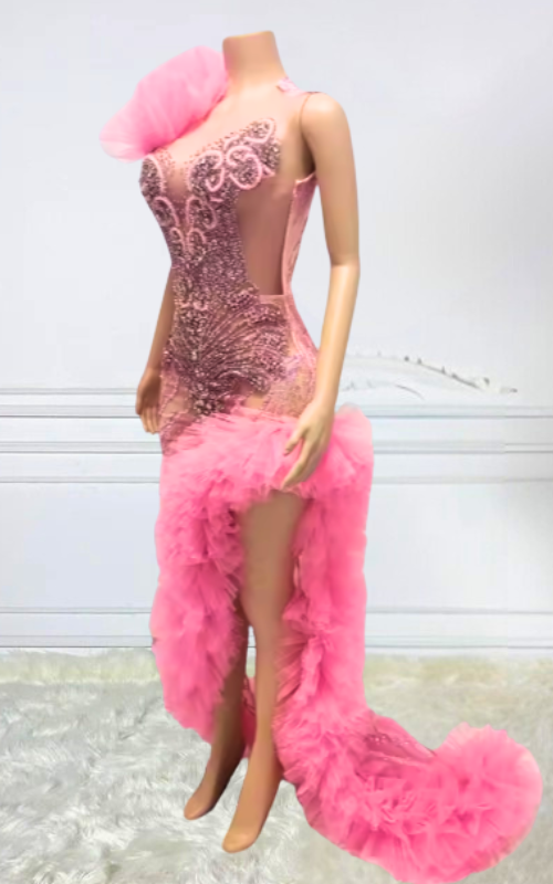 Carla Pink Beaded Layered Ruffle Prom Dress with Rhinestones & High Slit