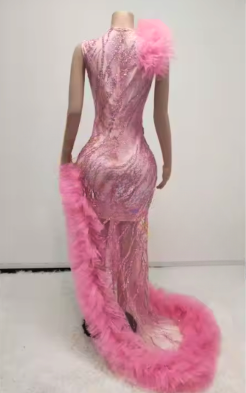 Carla Pink Beaded Layered Ruffle Prom Dress with Rhinestones & High Slit