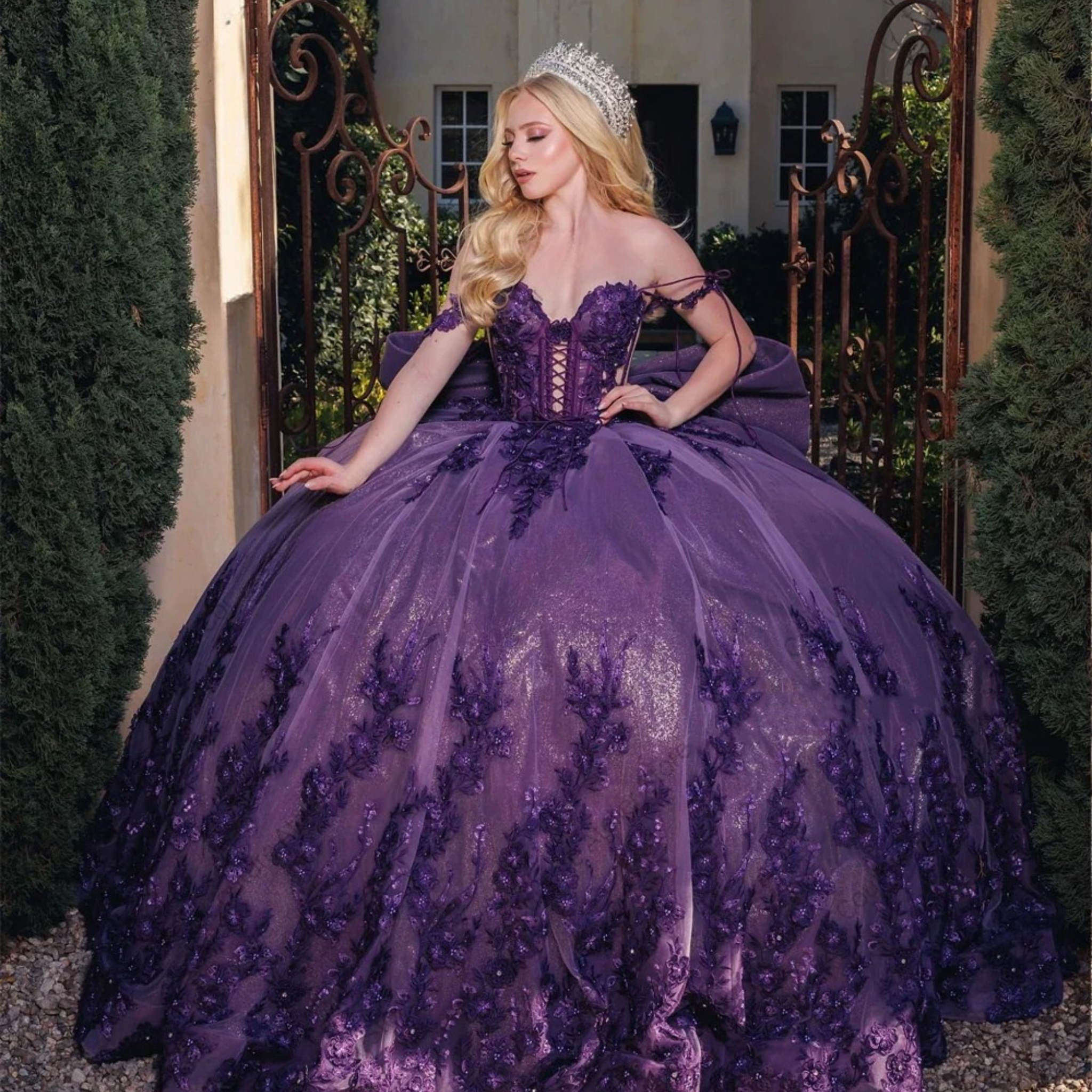 Fabulous Purple Off The Shoulder Beaded Applique Quinceañera Dress