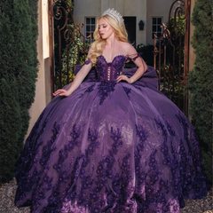 Fabulous Purple Off The Shoulder Beaded Applique Quinceañera Dress