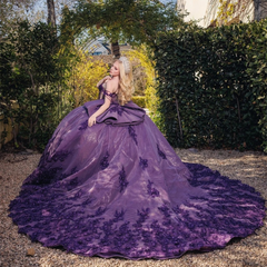 Fabulous Purple Off The Shoulder Beaded Applique Quinceañera Dress