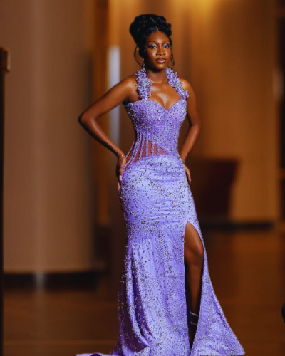 Glitter Luxury See Through Corset Sexy Split Lilac Purple Diamond Prom Dress
