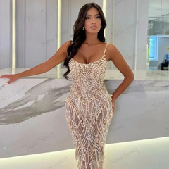 Champagne Crystals Glitter Long Mermaid Dress
