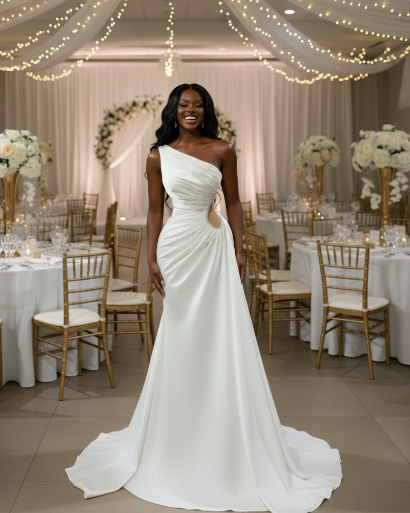 Elegant White One Shoulder Crystal Beading Wedding Dress