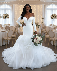 Elegant V-Neck Mermaid Puffy Train Wedding Dress