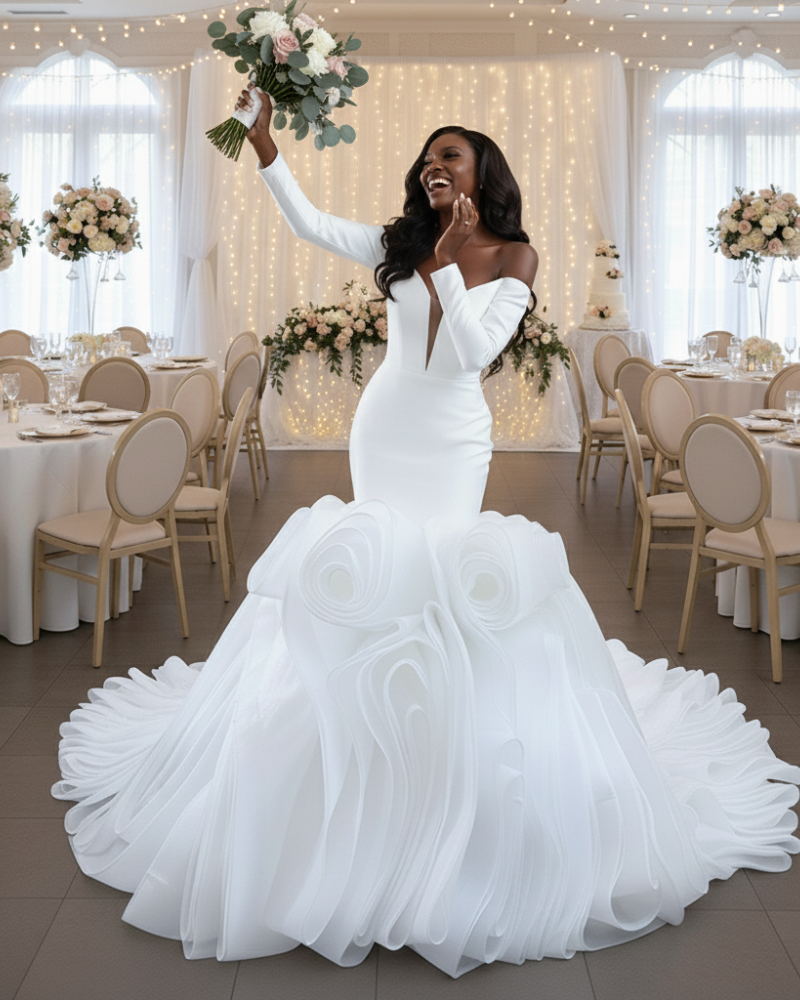 Elegant V-Neck Mermaid Puffy Train Wedding Dress